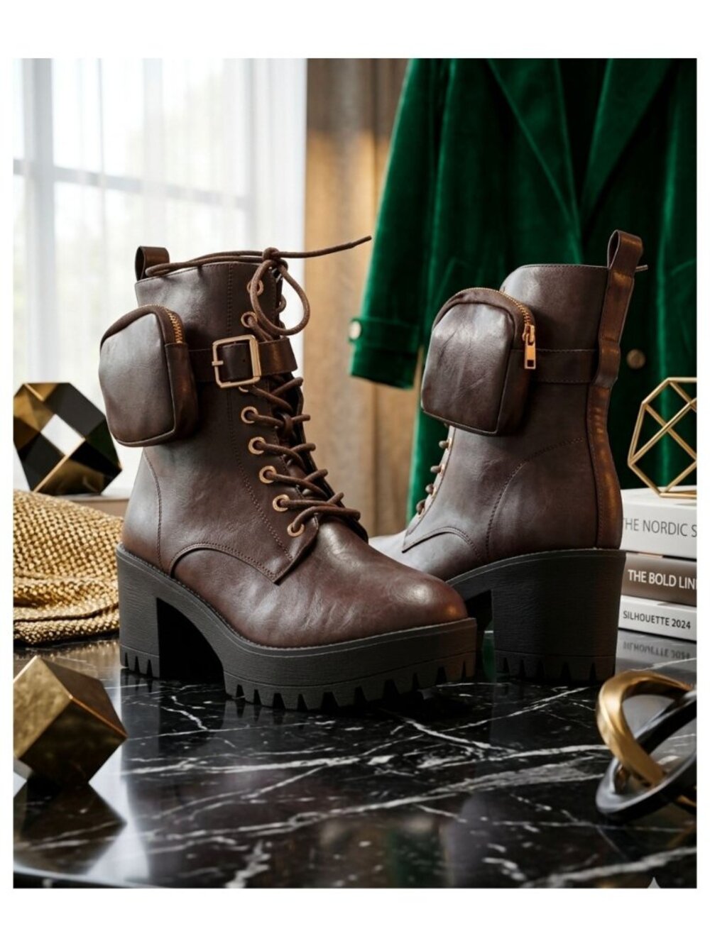 Brown Combat Boots With Chunky Heel & Detachable Side Pouches